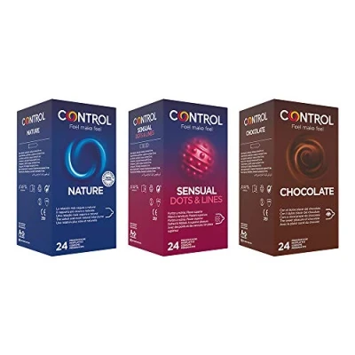 Abbildung von CONTROL FUNKY MIX Schachtel mit klassischen stimulierenden und aromatisierten Kondomen 72 Kondome
