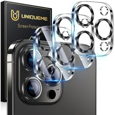 Abbildung von UniqueMe [3 Stück Kamera Schutz für iPhone 15 Pro/iPhone Pro Max Kameraschutz [Kratzfest, Stabil] Militärstandard Klar 9H Härte Max/ Titan Schwarz