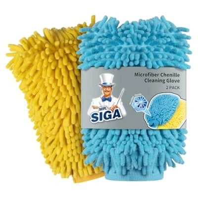 Abbildung von MR.SIGA Hochwertig Mikrofaser Waschhandschuh Weiche Chenille Autowaschhandschuh, 2 Stück, Blau &amp; Gelb