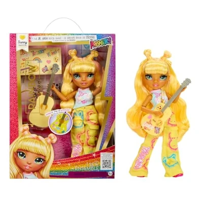 Abbildung von Rainbow High Junior Rock Band Sunny, Gelb 23 cm Modepuppe mit Gitarre, Individuell Aufklebern Gestaltbar, Beweglich, Süßes Spielzeug für Kinder ab 4 Jahren
