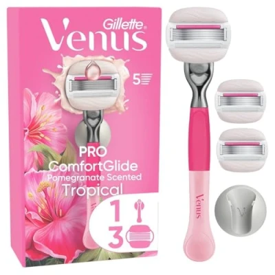 Abbildung von Gillette Venus Pro ComfortGlide Tropical Damenrasierer mit Granatapfel Duft (und Olay Feuchtigkeitscreme), Ersatzklingen, langlebiges Metallhandstück und Duschhalterung