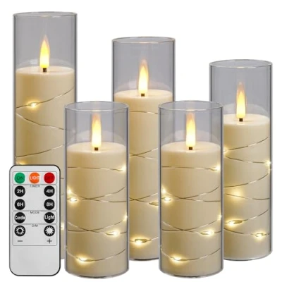 Abbildung von Da by Led Kerzen mit Eingelassener Lichterkette，Batteriebetriebene Fernbedienung und 24 Stunde Timer，Flackernde Für Weihnachtsdekoration Heimdekoration(weiß, 5er Set)
