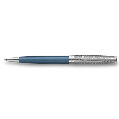 Abbildung von Parker Sonnet Kugelschreiber , Premium Metal &amp; Blue Satinierung mit Chromverkleidung Medium Spitze schwarzer Tinte Nachfüllen Geschenkbox