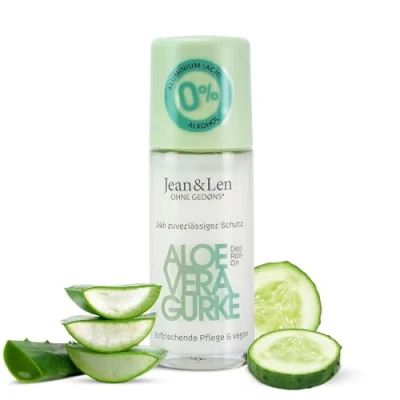 Abbildung von Jean &amp; Len Deo Roll On Aloe Vera Gurke, langanhaltende Frische, ideal auch nach der Rasur, praktische Reisegröße, Vitamin E, Gurkenextrakt Vera, ohne Aluminiumsalze Alkohol, vegan, 50 ml