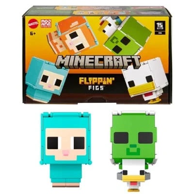 Abbildung von Mattel Minecraft Flippin’ Figs Schaf und Huhn 2er Figurenpack mit 2 in 1 Spielfiguren, großen Köpfen Pixeldesign HXK17