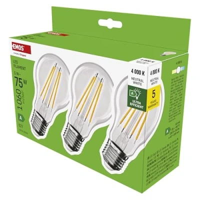 Abbildung von EMOS LED Lampe Filament A60 A Klasse Vintage Glühbirne E27 Sockel neutralweiß 1060lm extra sparsam, 5W (statt 75W Glühbirne) 50000 Stunden Winkel 300 CRI min. 80 3er Pack