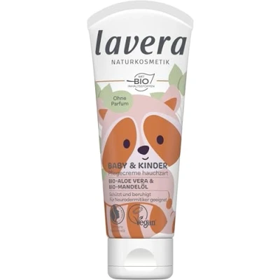 Abbildung von lavera Baby &amp; Kinder Pflegecreme hauchzart Neurodermitiker geeignet feuchtigkeitsspendend schützt beruhigt vegan Naturkosmetik 75 ml