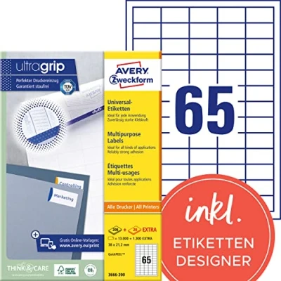 Abbildung von AVERY Zweckform 3666 200 Universal Etiketten (13.000 plus 1.300 Klebeetiketten extra, 38x21,2mm auf A4, Papier matt, individuell bedruckbar, selbstklebende Aufkleber mit ultragrip) 220 Blatt, weiß