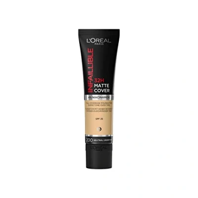 Abbildung von L&#039;Oréal Paris Make up, Wasserfest und langanhaltend, Mattierende, flüssige Foundation mit hoher Deckkraft, Formel 4% Niacinamiden, Infaillible 32H Matte Cover, Nr. 200 Neutral, 1 x 30 ml
