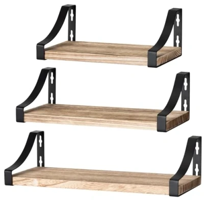 Abbildung von Pipishell 3 Stück Wandregal Holz und Metall, Wandregale zur Aufbewahrung, rustikaler Metalldraht, für Wohnzimmer, Schlafzimmer, Büro, Badezimmer oder Küche