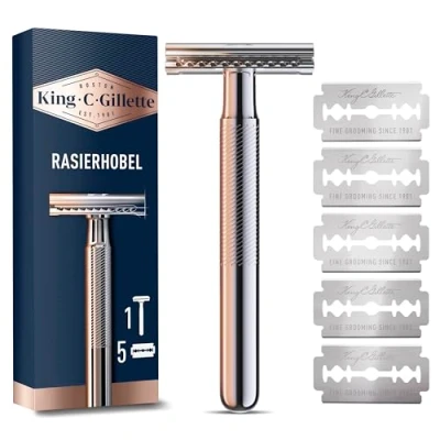 Abbildung von King C. Gillette Rasierhobel für Männer, mit sicherer Doppel Schneidekante, Metallgriff und Anti Reibungsbeschichtung Präzision, 5 Klingen