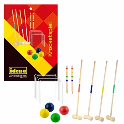 Abbildung von Idena 40609 Krocketspiel aus Holz mit Schlägern, Bällen, Metalltoren und Zielmarkierungsstäben, im praktischen Tragenetz, unterhaltsames Freizeitspiel für den Garten Park