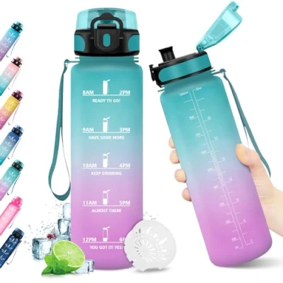 Abbildung von KollyKolla Trinkflasche 1 Liter, Kohlensäure Geeignet, Sport mit Zeitmarkierungen, BPA Frei, Sportflasche Auslaufsicher, Wasserflasche für Kinder, Erwachsener, Schule, Gym, Büro, Fahrrad