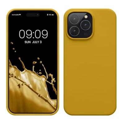Abbildung von kwmobile Hülle für das iPhone 14 Pro Max dünnes Silikon Handy Case stoßfeste Handyhülle mit weicher Oberfläche unterstützt kabelloses Laden Honiggelb
