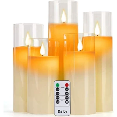 Abbildung von Da by LED Kerzen mit Glaseffekt 13cm 14cm 16cm 18cm 20cm, Kerrze Echtwachssäulen 10 Tasten Fernbedienung realistisch tanzender Flamme und Timing Funktion Packung 5 Stück