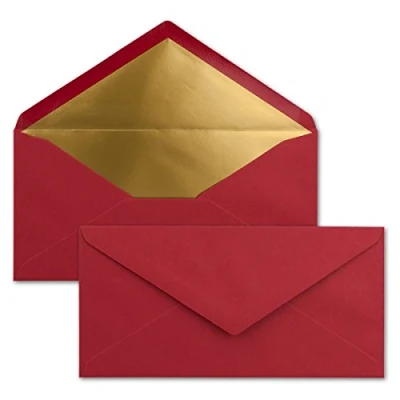 Abbildung von 25 Brief Umschläge DIN Lang Dunkel Rot mit Gold Metallic Innen Futter 110 x 220 mm Nassklebung festliche Kuverts für Weihnachten