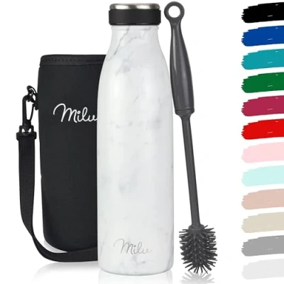 Abbildung von Milu Edelstahl Trinkflasche 350ml 500ml 750ml 1L 1,5L Thermosflasche, Isolierte Wasserflasche, Auslaufsichere Isolierflasche doppelwandig, Kohlensäure geeignet inkl. Reinigungsbürste (Marble, 500ml)