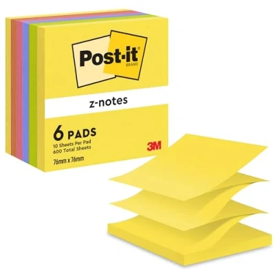 Abbildung von Post it Z Notes Neon Rainbow Collection, Packung mit 6 Blöcken, 100 Blatt pro Block, 76 mm x mm, Farben: Gelb, Grün, Lila, Pink, Orange Selbstklebende Notizzettel für Notizen und Erinnerungen