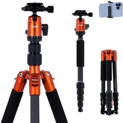 Abbildung von Rollei Compact Traveler No. 1 Carbon sehr leichtes Reisestativ aus mit einem Packmaß von nur 33 cm, Arca Swiss kompatibel, Orange