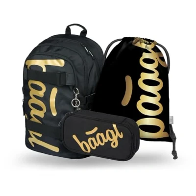 Abbildung von Baagl Schulrucksack Set Mädchen Jungen 3 Teilig, Schultasche ab 3. Klasse, Grundschule Ranzen mit Brustgurt, Ergonomischer Schulranzen (Skate Gold)