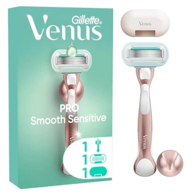 Abbildung von Gillette Venus Pro Smooth Sensitive Damenrasierer für empfindliche Haut, 1 Ersatzklingen, langlebiges Metallhandstück und Duschhalterung