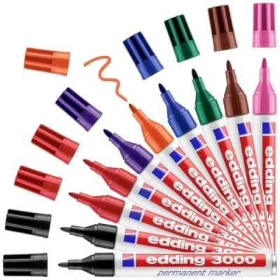Abbildung von edding 3000 Permanentmarker 10 Stifte in Stiftehalter Rund Spitze 1,5 3 mm schnell trocknender Permanent Marker wasserfest, wischfest für Karton, Kunststoff, Holz, Metall Universalmarker