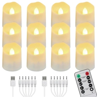 Abbildung von FREEPOWER 12er Wiederaufladbare LED Teelichter mit Fernbedienung Timer Flackern Warmweiß Dimmbar Elektrische Aufladbare Kerzen 2 USB Kabel, Deko für Weihnachten Halloween Party Familie