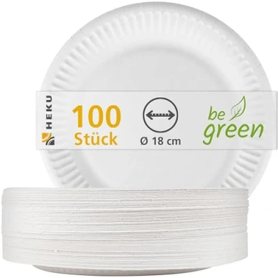 Abbildung von HEKU weiße Pappteller 100er Pack Ø 18cm I Umweltfreundlich &amp; Kompostierbar Großpackung für Veranstaltungen Stabile 220g/m² Qualität Teil der &#039;be green&#039; Linie