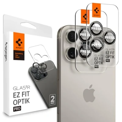 Abbildung von Spigen Glas.tR EZ Fit Optik Pro Kameraschutz kompatibel mit iPhone 16 Pro, Max, 2 Stück, Titan Natur, Individuelle Kameraprotektion, Anti Kratzer