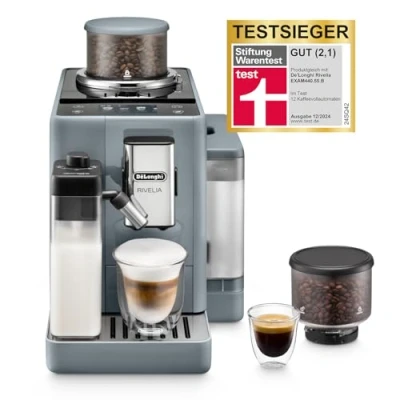 Abbildung von De&#039;Longhi Rivelia EXAM440.55.G Kaffeevollautomat mit LatteCrema Milchsystem, Wechselbarer Bohnenbehälter, 16 Kaffee &amp; Milchgetränke auf Knopfdruck, Extra Shot Funktion, 3,5&quot; Touch Display, Grau