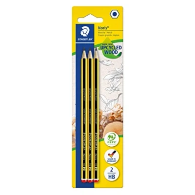 Abbildung von STAEDTLER Bleistift Noris 120, Made from Upcycled Wood, Härtegrad HB, Rutschfeste Soft Oberfläche, hohe Buchfestigkeit, Qualität in Germany, Blisterkarte mit 3 Stück, 120 2BK3DA
