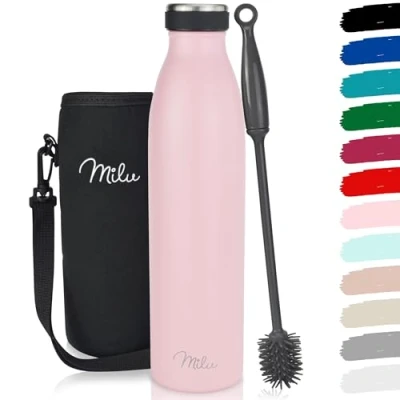Abbildung von Milu Edelstahl Trinkflasche 350ml 500ml 750ml 1L 1,5L Thermosflasche Isolierte Wasserflasche Auslaufsichere Isolierflasche doppelwandig Kohlensäure geeignet inkl. Reinigungsbürste (Rosa, 1L)