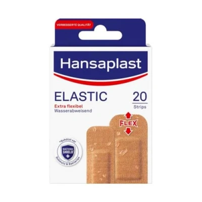 Abbildung von Hansaplast Elastic Pflaster (20 Strips), Wundpflaster für Gelenke und viel bewegte Körperstellen, flexibles Verbandsmaterial mit extra starker Klebkraft