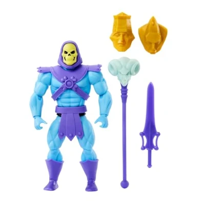 Abbildung von Masters of the Universe Origins Spielzeug, Skeletor Actionfigur aus der Cartoon Kollektion, ca. 14 cm großer Schurke mit Rüstung, Stab, Schwert und 2 Masken, HYD24