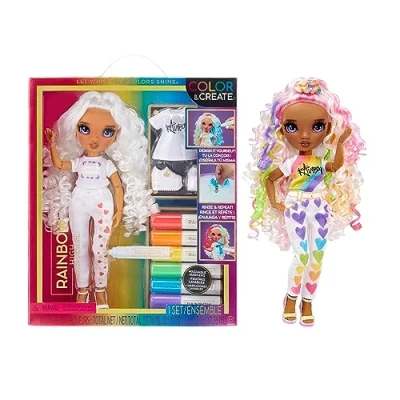 Abbildung von Rainbow High Color &amp; Create DIY Modepuppe Lila Augen, Locken, extra Top Schuhe, abwaschbare Regenbogenstifte Ausmalen, Gestalten, Spielen, Abwaschen für Kinder von 4 12 Jahren Sammler