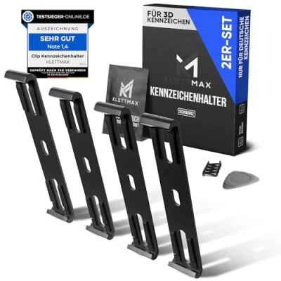 Abbildung von KLETTMAX® ORIGINAL Rahmenlose Clip Kennzeichenhalter Nummernschildhalter unsichtbar und wetterfest Nummernschildhalterung für jedes KFZ Nur Deutschland! (Schwarz 3D Kennezichen)