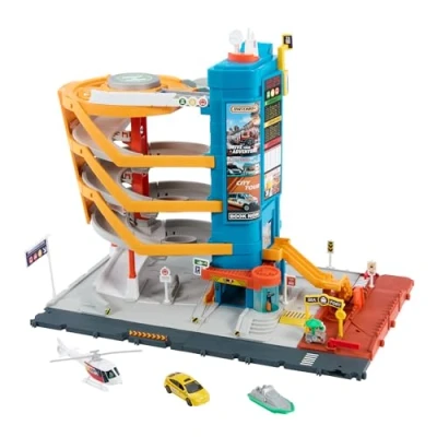 Abbildung von Matchbox Spielzeugautos und Spielset, Transport Center mit 5 Etagen, von Kindern Autos aktivierbare Funktionen, enthält Taxi, Boot Hubschrauber im Maßstab 1:64 sowie Essensverkäufer Accessoire