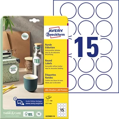 Abbildung von AVERY Zweckform 6225REV 10 runde Etiketten (150 Klebepunkte, Ø51mm auf A4, Aufkleber zum Bedrucken, wieder rückstandsfrei ablösbar/abziehbar, selbstklebende Marmeladenetiketten) Blatt, weiß