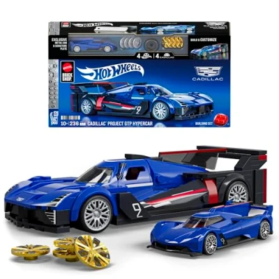 Abbildung von ​Mattel Brick Shop Hot Wheels Speed Serie Bauset, Cadillac Project GTP Hypercar mit 236 Teilen, realistischen Details und individuellen Aufklebern, für Sammler Kinder ab 10 Jahren, JFR89