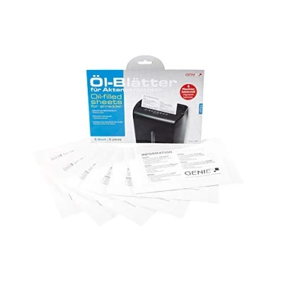 Abbildung von Genie Pflegekit (Ölblätter/Ölpapier und Cleaning Kit für Aktenvernichter, geeignet sämtliche Schnittarten, Geräte, Hersteller) 6er Pack