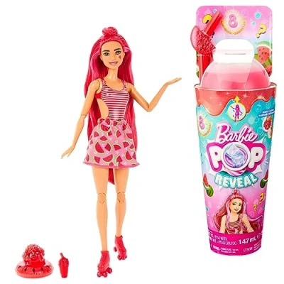 Abbildung von Barbie Pop Reveal Fruit Puppe mit roten Haaren im Wassermelonenduft, 8 Überraschungen, duftendes Squishy Hündchen, Farbwechsel Haar und Make up, für Kinder ab 3 Jahren, HNW43