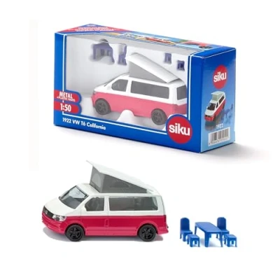 Abbildung von siku 1922, VW T6 California Camping Bulli, 1:50, Metall/Kunststoff, Rot/Weiß, Stühle, Hocker und Hochklappbares Dach