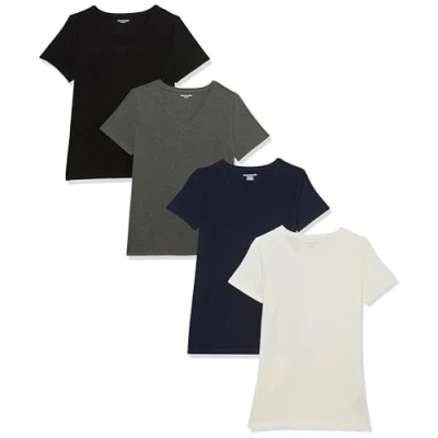 Abbildung von Amazon Essentials Damen Kurzärmeliges T Shirt mit Rundhalsausschnitt, Klassischer Schnitt, 4er Pack, Dunkelgrau Meliert/Marineblau/Schwarz/Weiß, XL