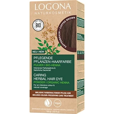 Abbildung von LOGONA Naturkosmetik Pflegende pflanzliche Haarfarbe, Veganes Haarfarbe Pulver mit Bio Henna für intensive Farbe und Glanz, Pflanzenhaarfarbe in Kaffeebraun (Braun), 1 x 100g