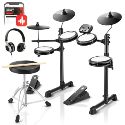 Abbildung von Donner DED 80 E Drum Set, Schlagzeug leises Mesh Kit mit 180 Sounds, robusten Pedalen, Thron, Sticks, Kopfhörer inklusive, leicht und tragbar 40 Melodic Lektionen