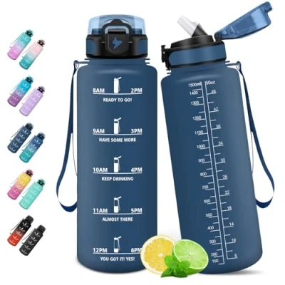 Abbildung von HoneyHolly Trinkflasche, 1.5L mit Strohhalm, Trinkflasche Sport, Auslaufsicher, Wasserflasche, Zeitmarkierung, Kohlensäure Geeignet für Outdoor, Radfahren, Fitness, Yoga