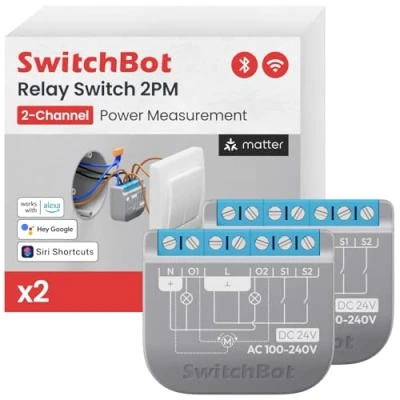 Abbildung von SwitchBot Wlan Schalter 2PM (2er Pack), kompatibel mit Alexa/Apple Home/Google Home, Leistungsmessendes Relaisschaltmodul integriertem Bluetooth Repeater und Trockenkontakt, Wi Fi 2,4GHz, 16A
