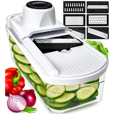 Abbildung von Mandoline Gemüsehobel Gemüsereibe Gurkenhobel Dünne Scheiben Reibe für Gemüse Hobel Küchenhobel Küchenreibe Küchen Gadgets (7 in 1)
