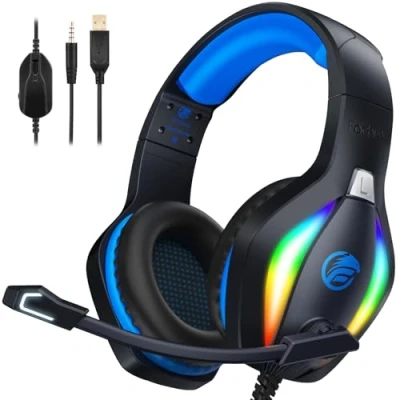Abbildung von Fachixy FC100 Gaming Headset für PS4, PS5, PC, Xbox, Nintendo Switch, Kopfhörer mit Kabel und RGB Licht, Stereo Surround Mikrofon, Noise Cancelling Gamer Headphones BLAU