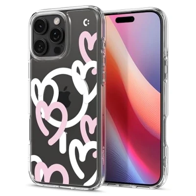 Abbildung von Spigen für iPhone 16 Pro Hülle [Anti Yellowing] Ultra Hybrid MagFit Case Handyhülle Transparent Dünn Slim Kompatibel mit MagSafe Hearts White Pink